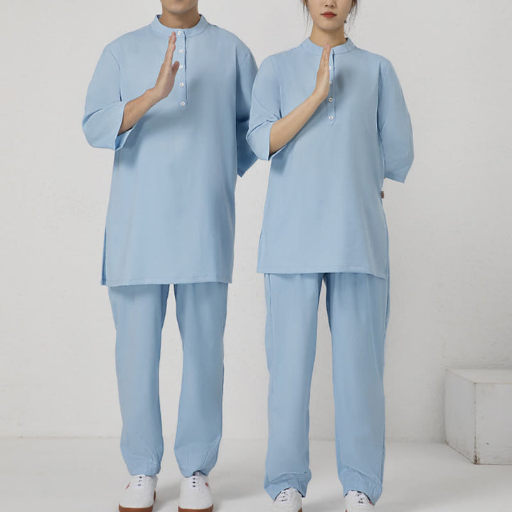 Buddha Stones 2 szt. Guziki Męska koszula z rękawem trzy czwarte Spodnie Medytacja Zen Tai Chi Bawełna Lniany Zestaw Ubrań - image 8