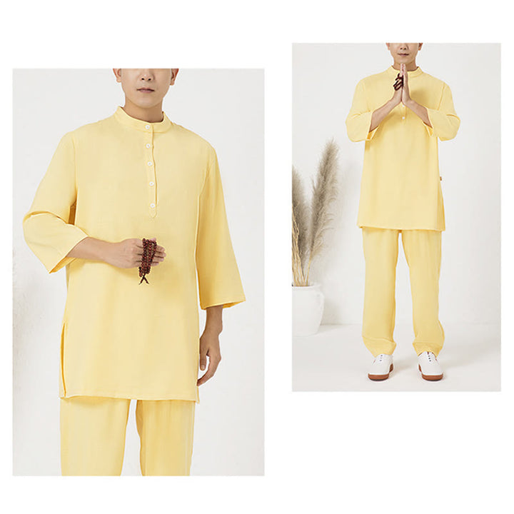 Buddha Stones 2 szt. Guziki Męska koszula z rękawem trzy czwarte Spodnie Medytacja Zen Tai Chi Bawełna Lniany Zestaw Ubrań - image 12