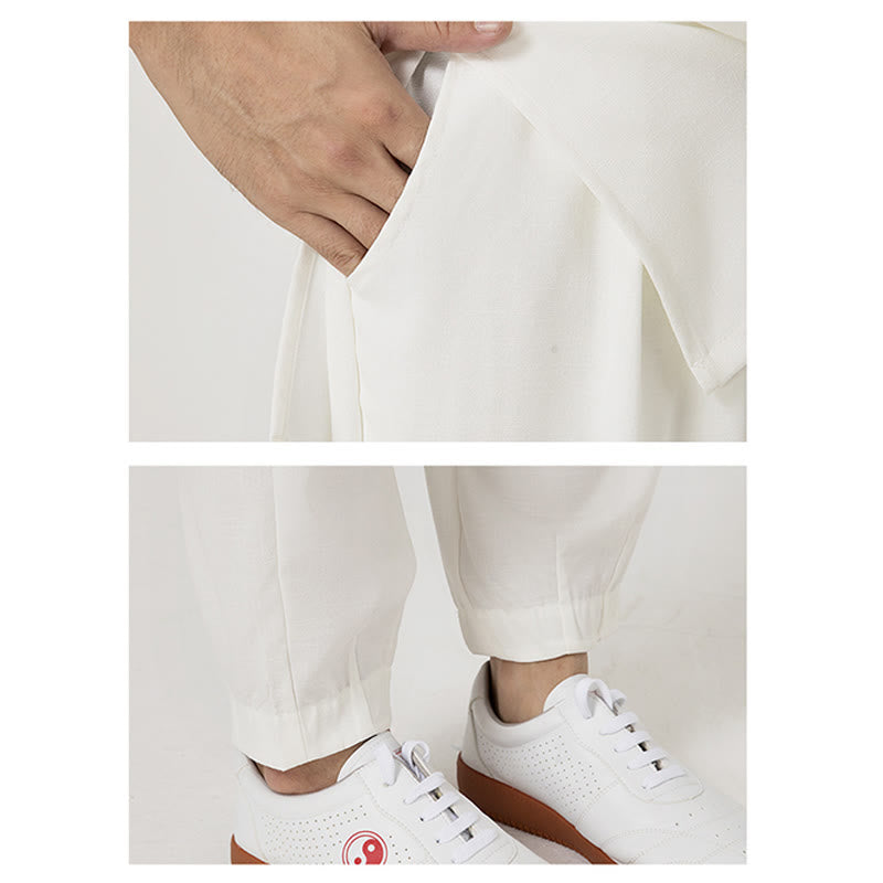 Buddha Stones 2 szt. Guziki Męska koszula z rękawem trzy czwarte Spodnie Medytacja Zen Tai Chi Bawełna Lniany Zestaw Ubrań - image 6