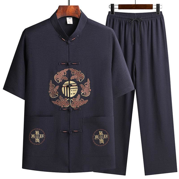 Buddha Stones Fu Charakter Tang Garnitur Hanfu Tradycyjny Mundur Krótki Rękaw Top Spodnie Odzież Męski Zestaw - Granatowy (top i spodnie) - US/UK/AU42, EU52 (3XL)  - image 18