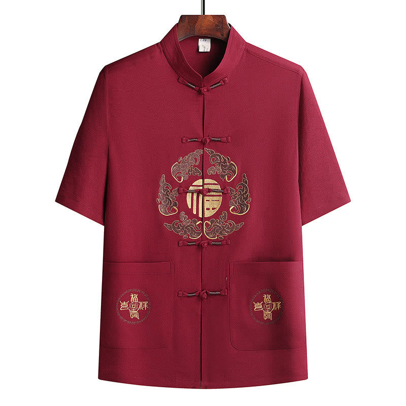 Buddha Stones Fu Charakter Tang Garnitur Hanfu Tradycyjny Mundur Krótki Rękaw Top Spodnie Odzież Męski Zestaw - image 22