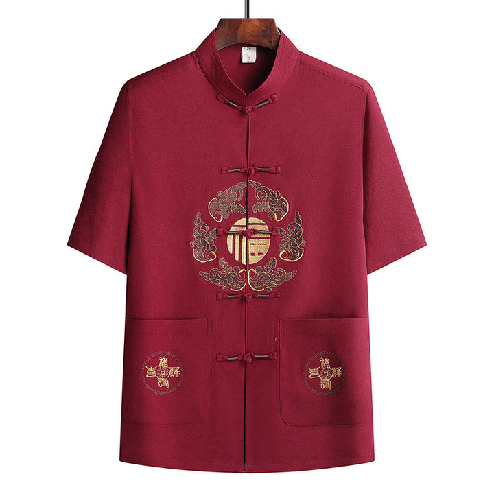 Buddha Stones Fu Charakter Tang Garnitur Hanfu Tradycyjny Mundur Krótki Rękaw Top Spodnie Odzież Męski Zestaw - image 22