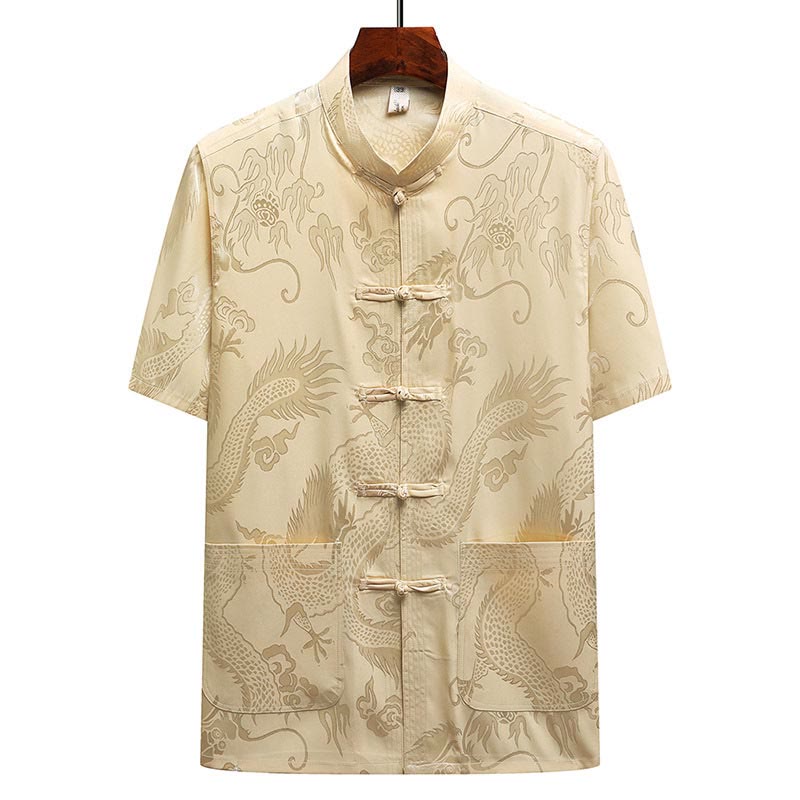 Buddha Stones Wzór Smoka Strój Tang Hanfu Tradycyjny Mundur Krótki Rękaw Top Spodnie Odzież Męski Zestaw - image 14