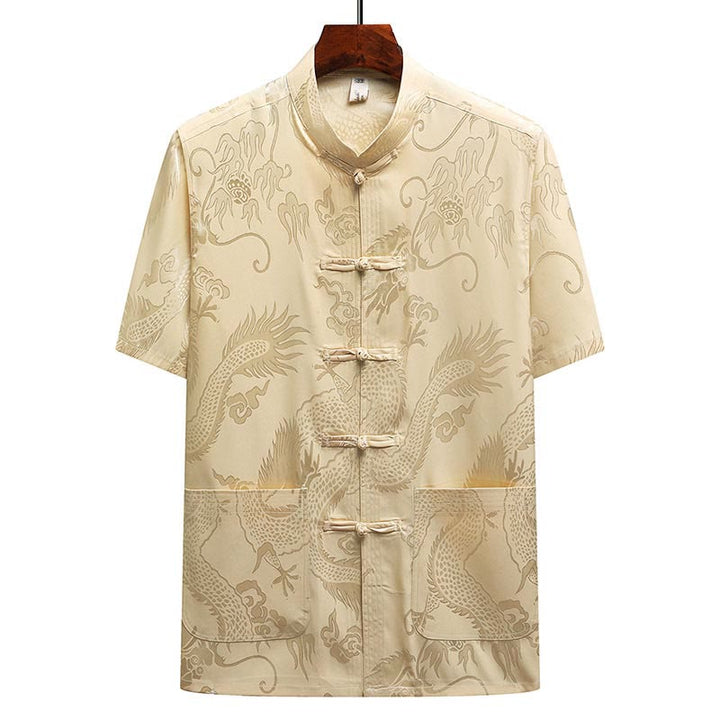 Buddha Stones Wzór Smoka Strój Tang Hanfu Tradycyjny Mundur Krótki Rękaw Top Spodnie Odzież Męski Zestaw - image 14