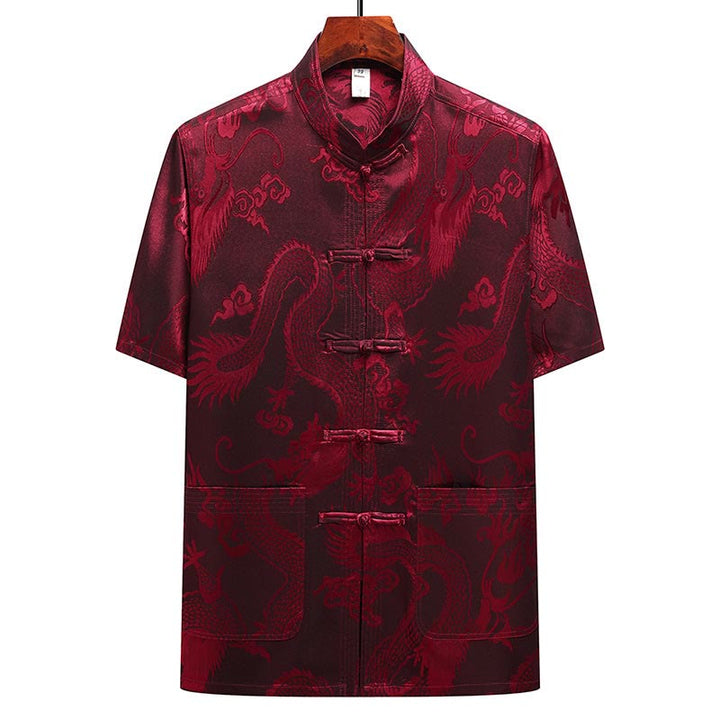 Buddha Stones Wzór Smoka Strój Tang Hanfu Tradycyjny Mundur Krótki Rękaw Top Spodnie Odzież Męski Zestaw - image 20