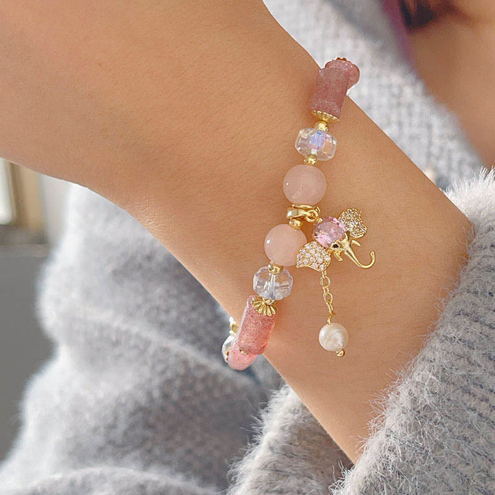 Bransoletka z Buddha Stones , ametystem, zielonym awenturynem, kwarcem truskawkowym i pozytywnym słoniem