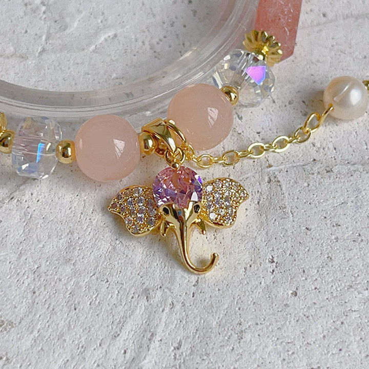 Bransoletka z Buddha Stones , ametystem, zielonym awenturynem, kwarcem truskawkowym i pozytywnym słoniem