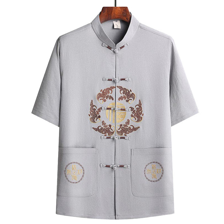 Buddha Stones Fu Charakter Tang Garnitur Hanfu Tradycyjny Mundur Krótki Rękaw Top Spodnie Odzież Męski Zestaw - image 6