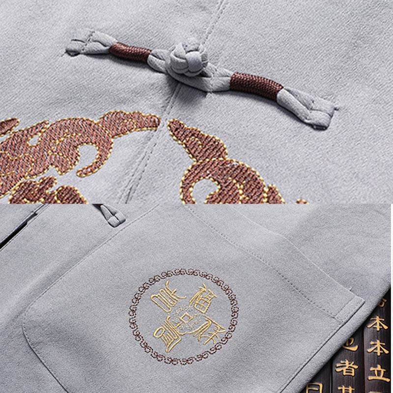 Buddha Stones Fu Charakter Tang Garnitur Hanfu Tradycyjny Mundur Krótki Rękaw Top Spodnie Odzież Męski Zestaw - image 12