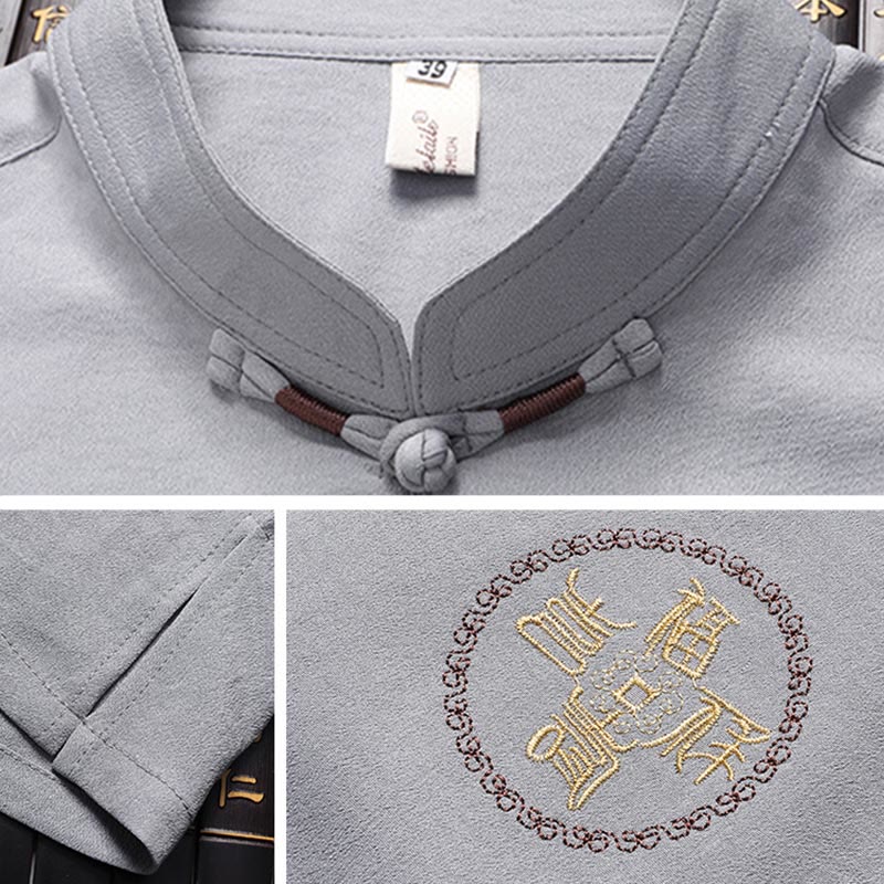 Buddha Stones Fu Charakter Tang Garnitur Hanfu Tradycyjny Mundur Krótki Rękaw Top Spodnie Odzież Męski Zestaw - image 8