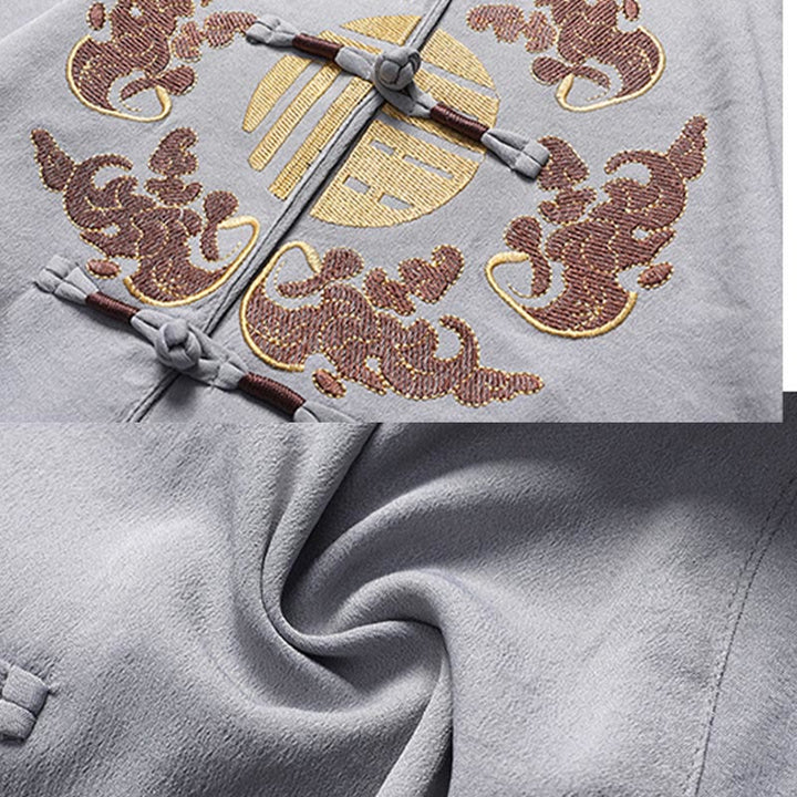 Buddha Stones Fu Charakter Tang Garnitur Hanfu Tradycyjny Mundur Krótki Rękaw Top Spodnie Odzież Męski Zestaw - image 10