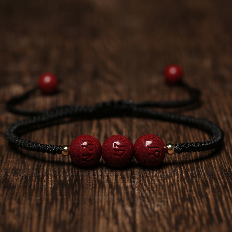 Buddha Stones Ręcznie robione Cynober Om Mani Padme Hum Grawerowane Koraliki Błogosławieństwo Bransoletka Pleciona