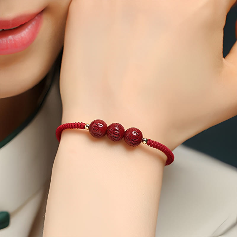 Buddha Stones Ręcznie robione Cynober Om Mani Padme Hum Grawerowane Koraliki Błogosławieństwo Bransoletka Pleciona