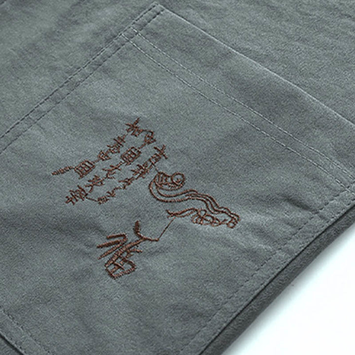 Buddha Stones Smok Fu Charakter Tang Garnitur Tradycyjny Krótki Rękaw Koszula Szerokie Spodnie Odzież Męski Zestaw - image 10