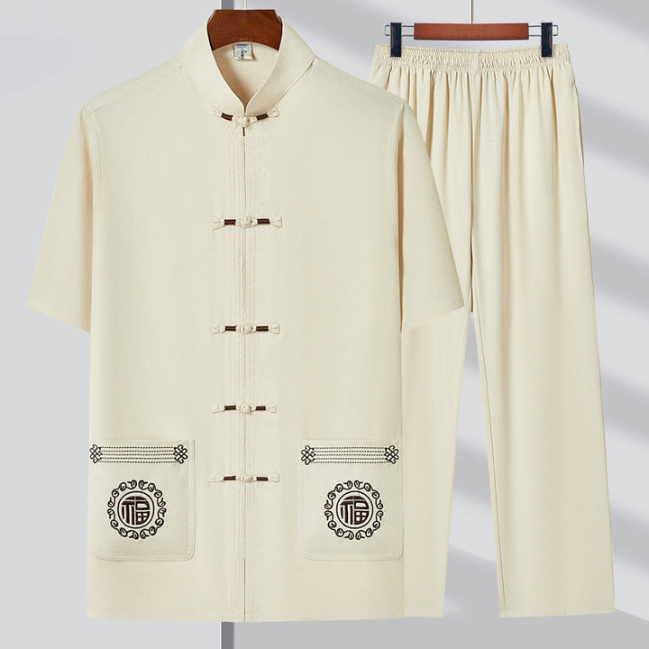 Buddha Stones Fu Haftowany Strój Tang Tradycyjny Żabka-Guzik Krótki Rękaw Spodnie Odzież Męski Zestaw