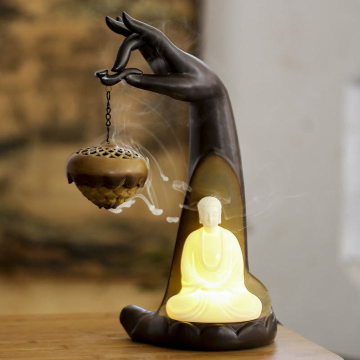 Buddha Stones Led Budda Ręka Cofający się Dym Fontanna Uzdrawiająca Ceramiczna Kadzielnica Dekoracja