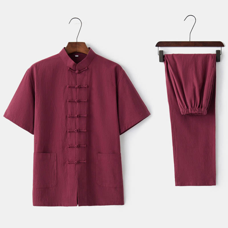 Buddha Stones Jednolity Kolor Żaba-Guzik Tang Suit Tradycyjny Bawełniany Lniany Krótki Rękaw Top Spodnie Odzież Męski Zestaw - Czerwony (top i spodnie) - US/UK/AU44, EU54 (4XL)  - image 9