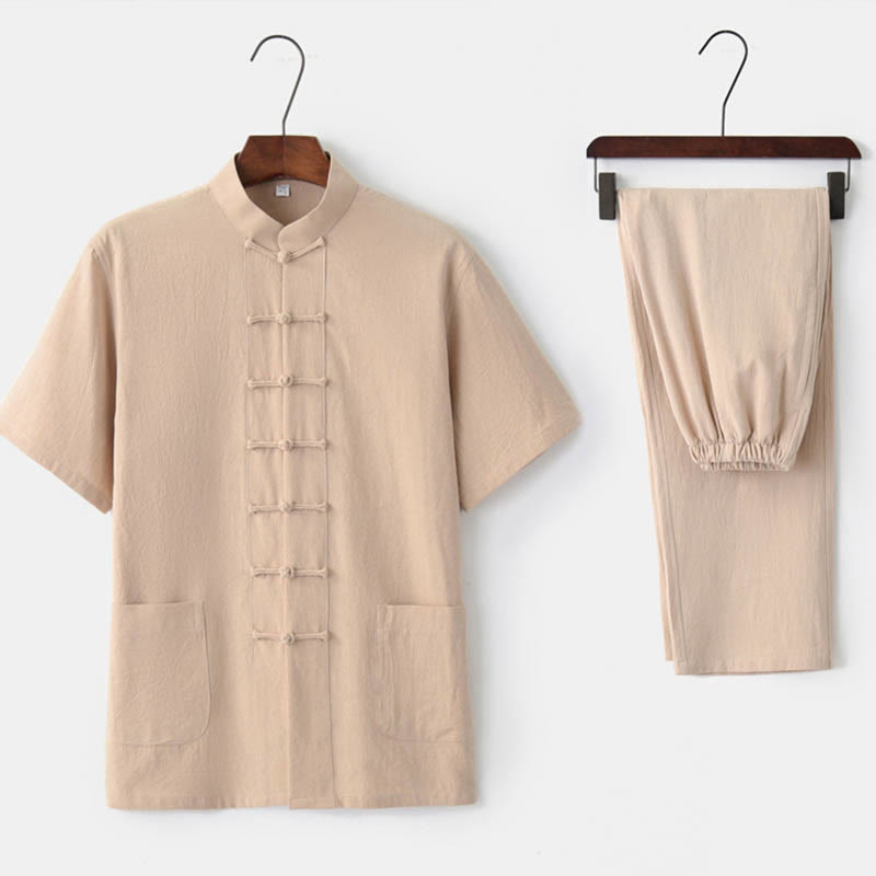 Buddha Stones Jednolity Kolor Żaba-Guzik Tang Suit Tradycyjny Bawełniany Lniany Krótki Rękaw Top Spodnie Odzież Męski Zestaw - Beżowy (top i spodnie) - US/UK/AU44, EU54 (4XL)  - image 8