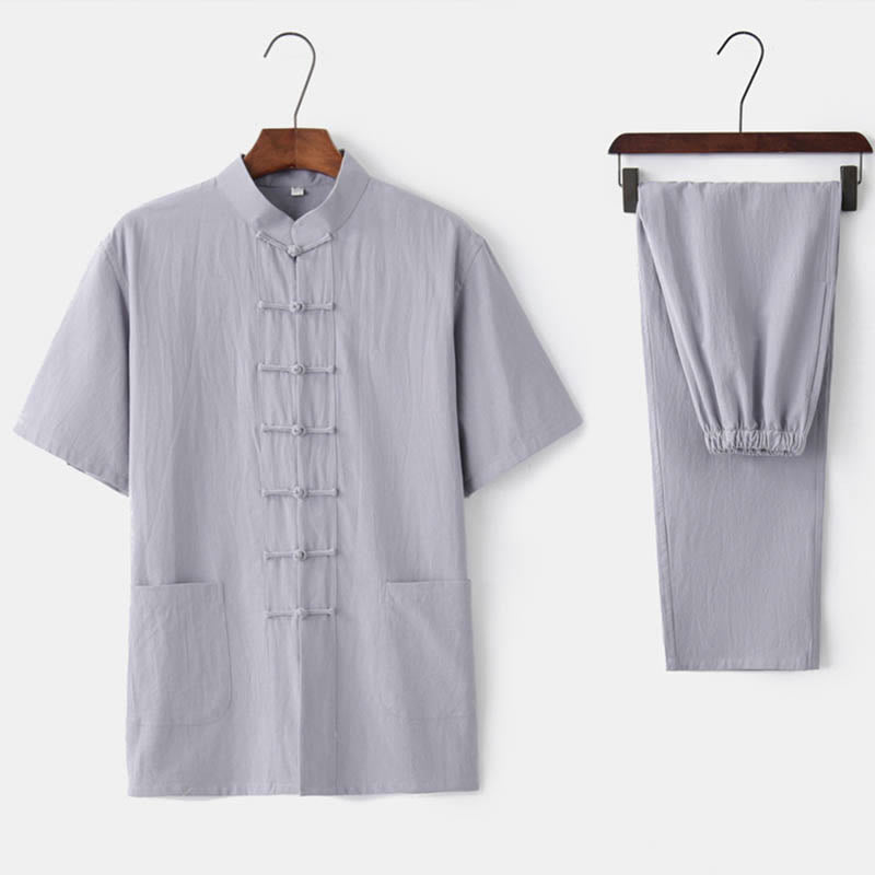 Buddha Stones Jednolity Kolor Żaba-Guzik Tang Suit Tradycyjny Bawełniany Lniany Krótki Rękaw Top Spodnie Odzież Męski Zestaw - Szary (top i spodnie) - US/UK/AU44, EU54 (4XL)  - image 2