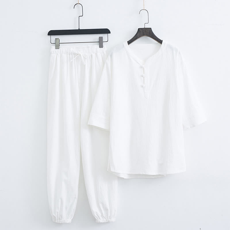 Buddha Stones Jednolity Kolor Tradycyjny Bawełna Len Krótki Rękaw T-shirt Spodnie Odzież Męski Zestaw - Biały (top i spodnie) - US/UK/AU44, EU54 (4XL) - image 8