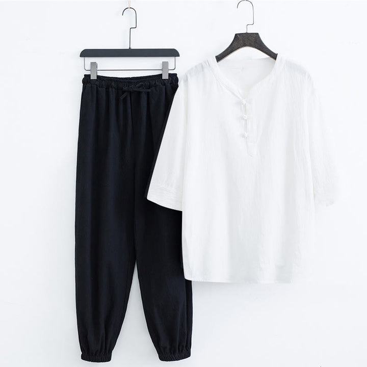 Buddha Stones Jednolity Kolor Tradycyjny Bawełna Len Krótki Rękaw T-shirt Spodnie Odzież Męski Zestaw - Biała koszula i czarne spodnie (top i spodnie) - US/UK/AU44, EU54 (4XL) - image 11