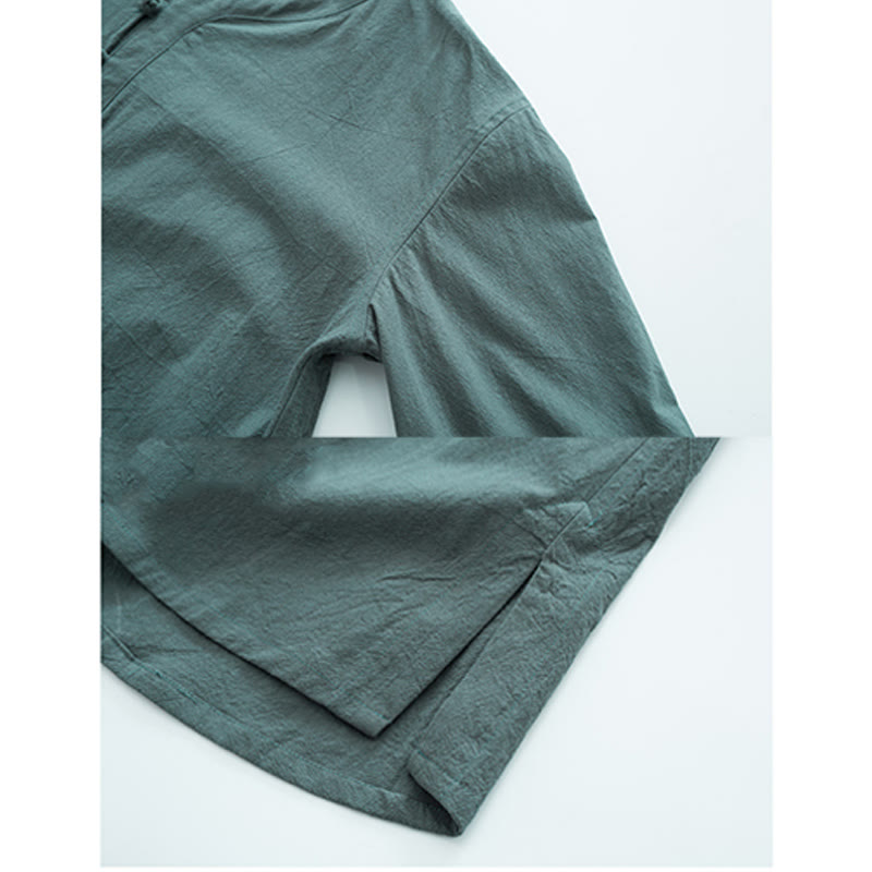 Buddha Stones Jednolity Kolor Tradycyjny Bawełna Len Krótki Rękaw T-shirt Spodnie Odzież Męski Zestaw - image 2