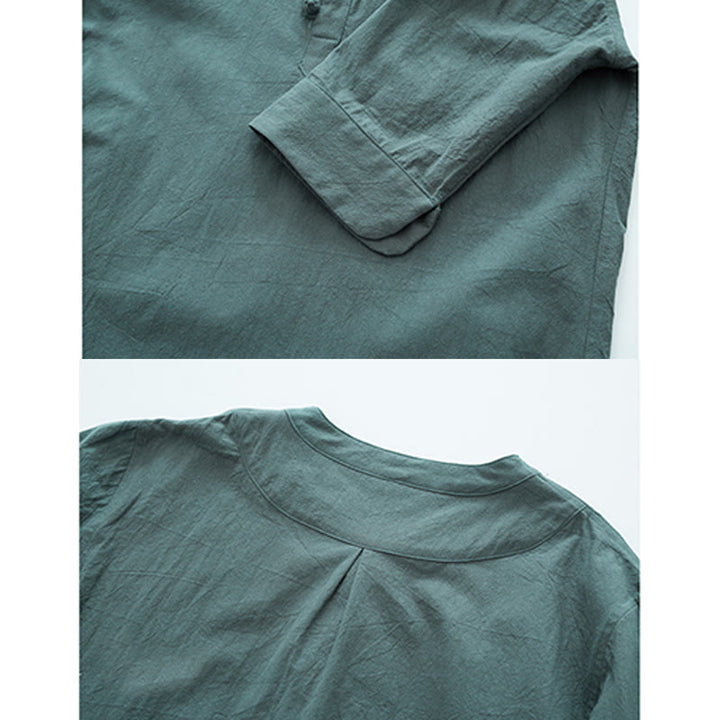 Buddha Stones Jednolity Kolor Tradycyjny Bawełna Len Krótki Rękaw T-shirt Spodnie Odzież Męski Zestaw - image 3