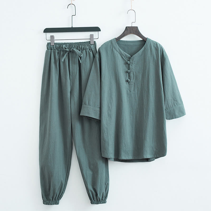 Buddha Stones Jednolity Kolor Tradycyjny Bawełna Len Krótki Rękaw T-shirt Spodnie Odzież Męski Zestaw - Zielony (top i spodnie) - US/UK/AU44, EU54 (4XL) - image 0