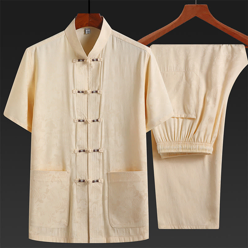 Buddha Stones wzdłuż rzeki podczas święta Qingming Wzór Tradycyjny strój Tang Krótki rękaw Koszula Spodnie Odzież Męski zestaw