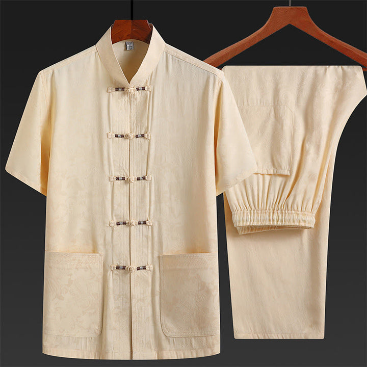 Buddha Stones wzdłuż rzeki podczas święta Qingming Wzór Tradycyjny strój Tang Krótki rękaw Koszula Spodnie Odzież Męski zestaw