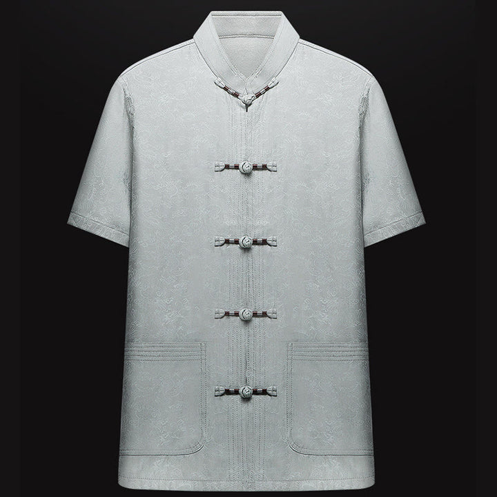 Buddha Stones wzdłuż rzeki podczas święta Qingming Wzór Tradycyjny strój Tang Krótki rękaw Koszula Spodnie Odzież Męski zestaw