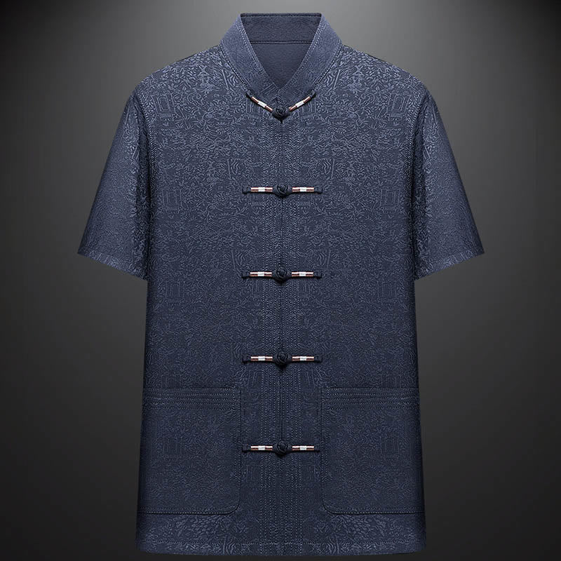 Buddha Stones wzdłuż rzeki podczas święta Qingming Wzór Tradycyjny strój Tang Krótki rękaw Koszula Spodnie Odzież Męski zestaw