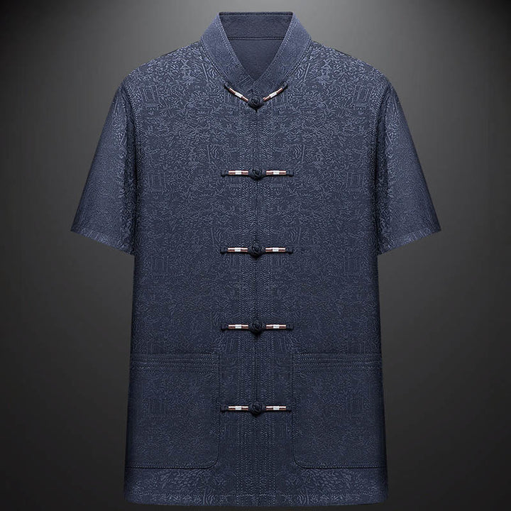 Buddha Stones wzdłuż rzeki podczas święta Qingming Wzór Tradycyjny strój Tang Krótki rękaw Koszula Spodnie Odzież Męski zestaw