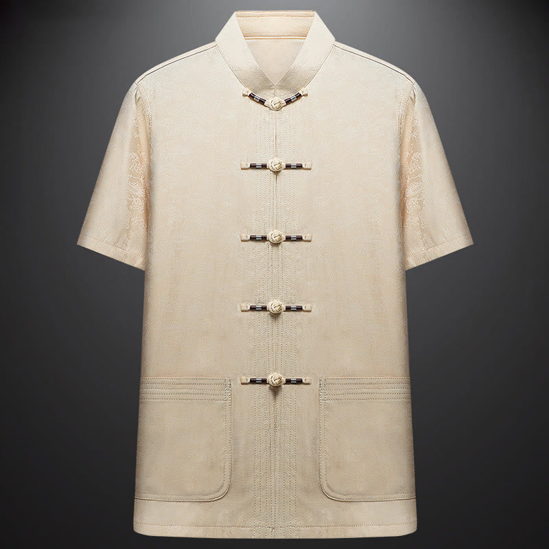 Buddha Stones wzdłuż rzeki podczas święta Qingming Wzór Tradycyjny strój Tang Krótki rękaw Koszula Spodnie Odzież Męski zestaw