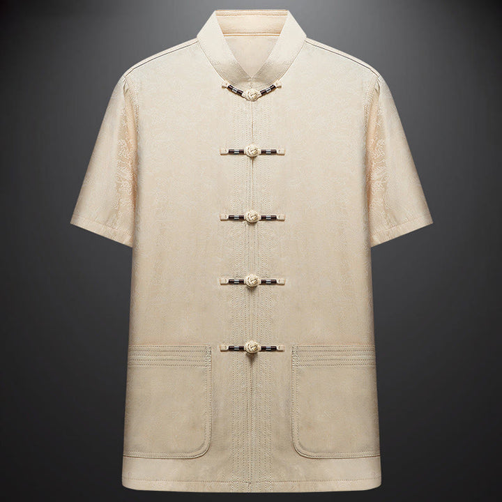 Buddha Stones wzdłuż rzeki podczas święta Qingming Wzór Tradycyjny strój Tang Krótki rękaw Koszula Spodnie Odzież Męski zestaw