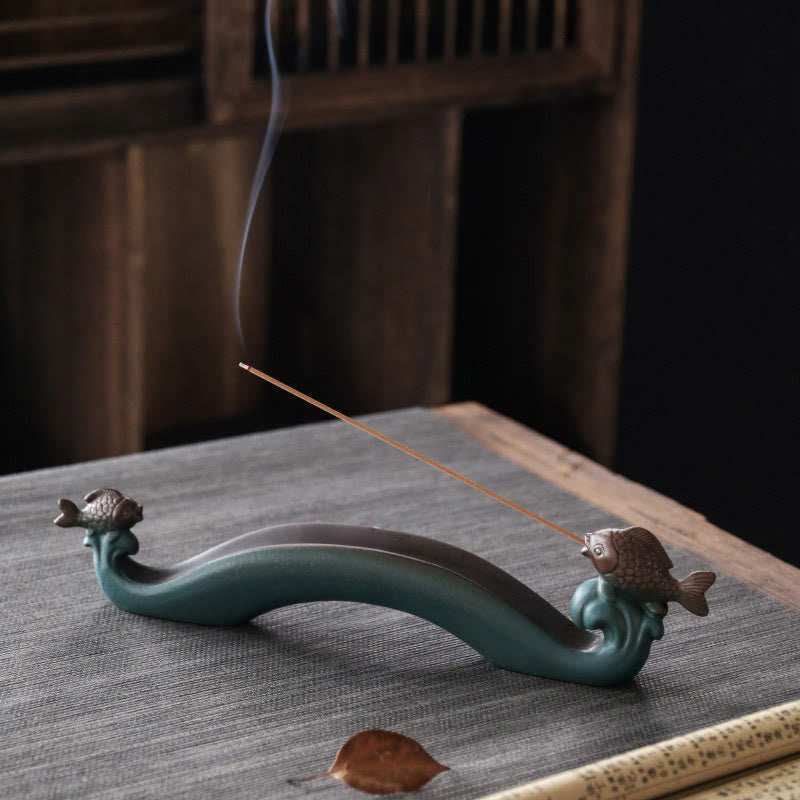 Buddha Stones Podwójna Góra Ryb Koi Uzdrawiająca Ceramiczna Kadzielnica Dekoracja Kadzidła