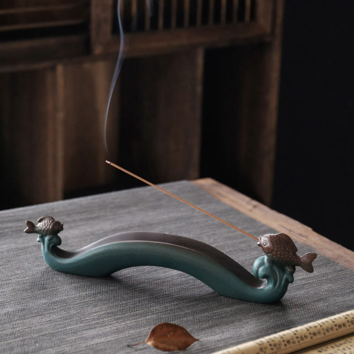 Buddha Stones Podwójna Góra Ryb Koi Uzdrawiająca Ceramiczna Kadzielnica Dekoracja Kadzidła