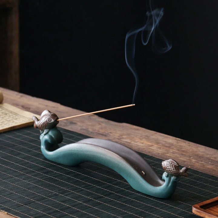 Buddha Stones Podwójna Góra Ryb Koi Uzdrawiająca Ceramiczna Kadzielnica Dekoracja Kadzidła