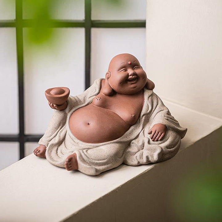 Buddha Stones Śmiejący się Budda Sztabki Przyciągają Bogactwo Fioletowa Glina Dekoracja Statuy Maitreya