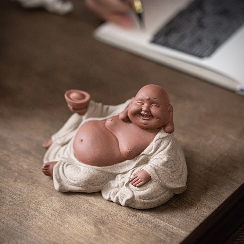 Buddha Stones Śmiejący się Budda Sztabki Przyciągają Bogactwo Fioletowa Glina Dekoracja Statuy Maitreya