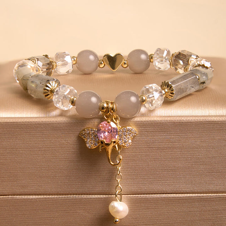 Bransoletka z Buddha Stones , ametystem, zielonym awenturynem, kwarcem truskawkowym i pozytywnym słoniem