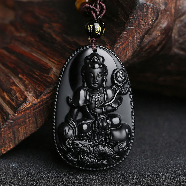 Buddha Stones Chiński Zodiak Natal Budda Naturalny Czarny Obsydian Oczyszczający Naszyjnik Wisiorek