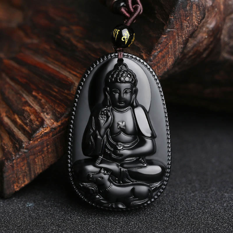 Buddha Stones Chiński Zodiak Natal Budda Naturalny Czarny Obsydian Oczyszczający Naszyjnik Wisiorek