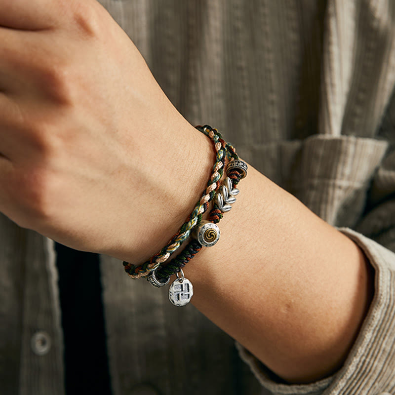 Buddha Stones 925 Srebro Sterling Swastyka Wzór Pszenicy Ręcznie Robiona Bransoletka Szczęścia