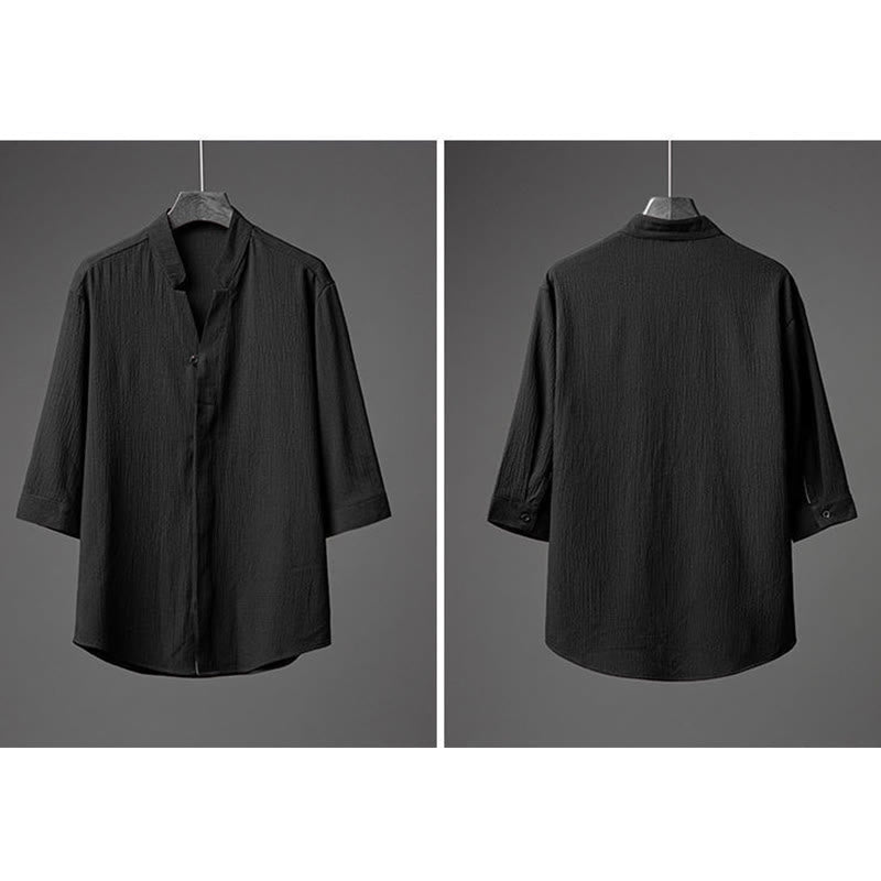 Buddha Stones 2 szt. Jednolity kolor Tekstura Guzik Półrękaw Koszula Spodnie Męski Zestaw - image 13