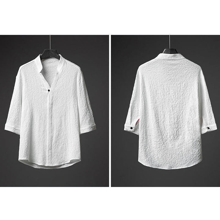 Buddha Stones 2 szt. Jednolity kolor Tekstura Guzik Półrękaw Koszula Spodnie Męski Zestaw - image 8