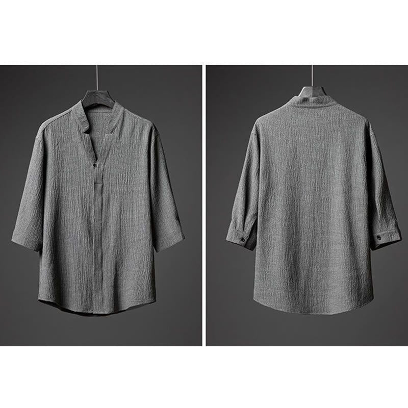 Buddha Stones 2 szt. Jednolity kolor Tekstura Guzik Półrękaw Koszula Spodnie Męski Zestaw - image 1