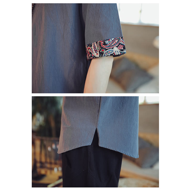 Kamienie Buddha Stones -Guzik Smok Haft Chiński Tang Suit Krótki Rękaw Koszula Lniana Męska Odzież - image 10