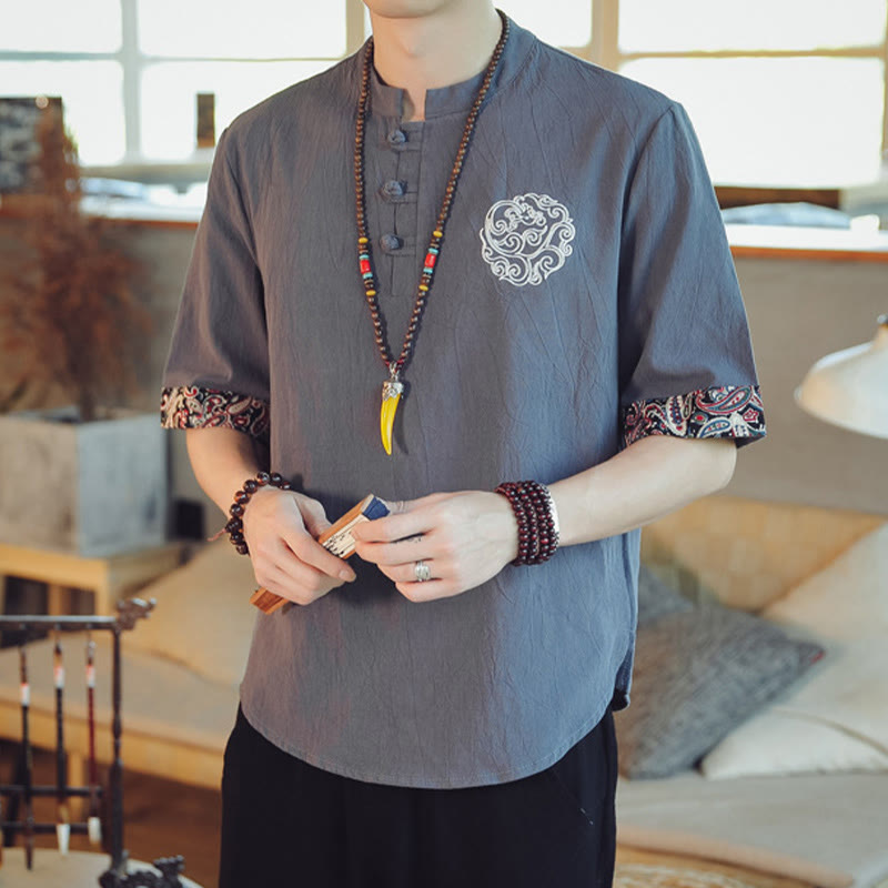 Kamienie Buddha Stones -Guzik Smok Haft Chiński Tang Suit Krótki Rękaw Koszula Lniana Męska Odzież - image 1