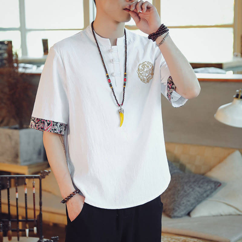 Kamienie Buddha Stones -Guzik Smok Haft Chiński Tang Suit Krótki Rękaw Koszula Lniana Męska Odzież - image 22